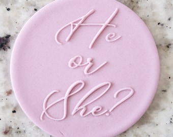He Or She Script POPup Embosser Cookie Biscuit Stamp Fondant Cake Decorating Icing Cupcakes Stencil