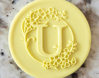 Floral Wreath Alphabet Letter U POPup Embosser Stamp Fondant Cake Decorating Icing Cupcakes Cookie Biscuit Stencil