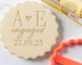 Personalised Initials with Heart Engaged Date Custom Cookie Biscuit Stamp to make Toppers from Fondant to fit M&S Size All Butter Biscuits