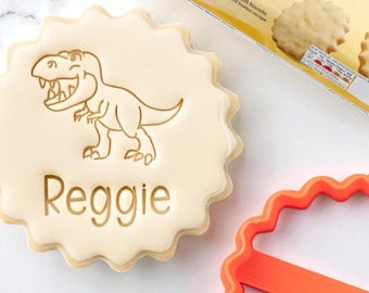 Personalised Name with Dinosaur Birthday Custom Cookie Biscuit Stamp to make Toppers from Fondant to fit M&S Size All Butter Biscuits 5cm