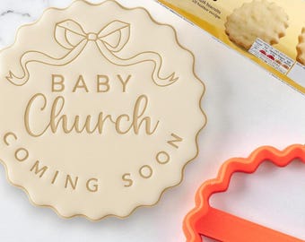 Personalised Baby Coming Soon with Bow Custom Cookie Biscuit Stamp to make Toppers from Fondant to fit M&S Size All Butter Biscuits