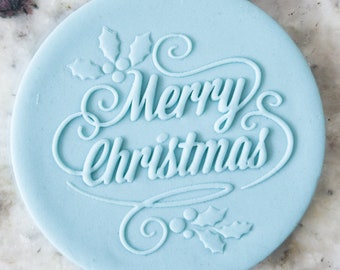 Merry Christmas with Holly POPup Embosser Cookie Biscuit Stamp Fondant Cake Decorating Icing Cupcakes Stencil Christmas