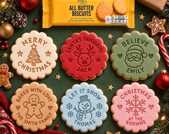 Personalised Christmas Cookie Stamp with Cutter | Fits M&S Biscuits | Custom Fondant Embosser | Custom Text Baking Stamp