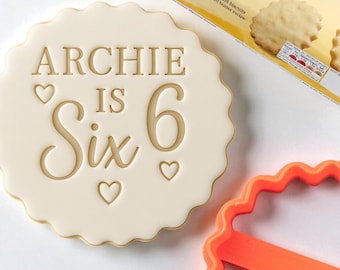 Personalised Name and Age with Heart Birthday Custom Cookie Biscuit Stamp to make Toppers from Fondant to fit M&S Size All Butter Biscuits