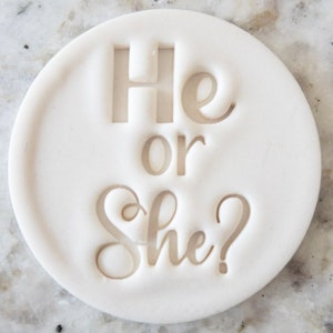 May include: White round cookie cutter with the words "He or She?" cut out.
