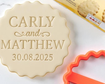 Personalised Wedding Names and Date Custom Cookie Biscuit Stamp to make Toppers from Fondant to fit M&S Size All Butter Biscuits 5cm