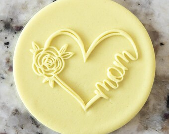 Mom with Heart and Rose POPup Embosser Cookie Biscuit Stamp Fondant Cake Decorating Icing Cupcakes Stencil Mothers Day