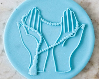 Praying Hands with Rosary Beads Floral POPup Embosser Cookie Biscuit Stamp Fondant Cake Decorating Icing Cupcakes Stencil Eid Islamic