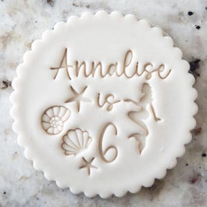 CUSTOM Pick Your Name and Age with Mermaid (Fits M&S) Personalised Birthday Cookie Biscuit Stamp Fondant Cake Icing Cupcakes Stencil