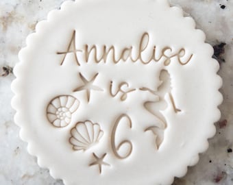CUSTOM Pick Your Name and Age with Mermaid (Fits M&S) Personalised Birthday Cookie Biscuit Stamp Fondant Cake Icing Cupcakes Stencil