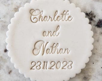 CUSTOM Names and Date With Fancy Font Cookie Biscuit Stamp Fondant Cake Decorating Icing Cupcakes Stencil Wedding Clay