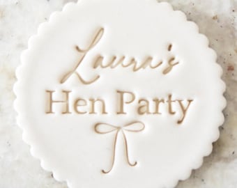 CUSTOM Hen Party Name With Bow Cookie Biscuit Stamp (Fits M&S) Personalised Fondant Cake Decorating Icing Cupcakes Stencil Clay Wedding