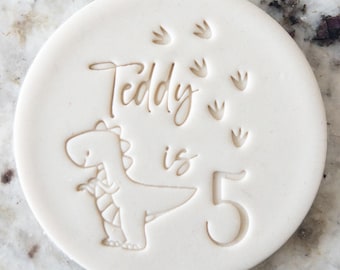 CUSTOM Pick Your Name and Age with Dinosaur Birthday Cookie Biscuit Stamp (Fits M&S) Personalised Fondant Cake Decorating Icing Cupcakes
