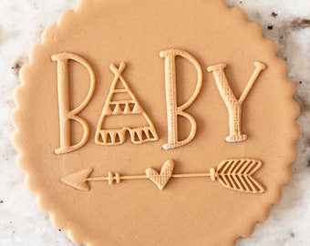 Baby Text with Arrow Boho POPup Embosser Cookie Biscuit Stamp Fondant Cake Decorating Icing Cupcakes Stencil