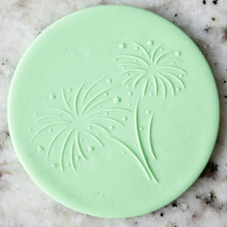 May include: A light green round cookie stamp with a design of two fireworks with stars.