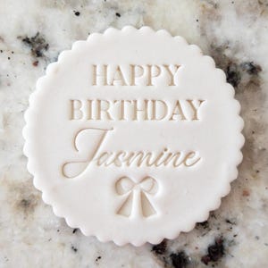 CUSTOM Name Happy Birthday With Bow Cookie Biscuit Stamp (Fits M&S) Personalised Fondant Cake Decorating Icing Cupcakes Stencil Birthday