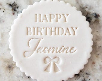 CUSTOM Name Happy Birthday With Bow Cookie Biscuit Stamp (Fits M&S) Personalised Fondant Cake Decorating Icing Cupcakes Stencil Birthday
