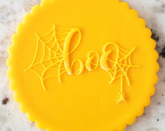Boo with Spider Web Pattern POPup Embosser Cookie Biscuit Stamp Fondant Cake Decorating Icing Cupcakes Stencil Halloween