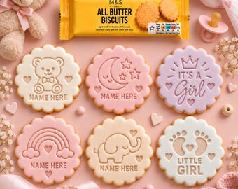 Personalised Baby Girl Cookie Stamp with Cutter | Fits M&S Biscuits | Custom Fondant Embosser | Custom Text Baking Stamp