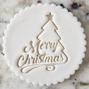 Merry Christmas with Large Tree Cookie Biscuit Stamp Fondant Cake Decorating Icing Cupcakes Stencil Christmas