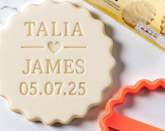 Personalised Names with Heart Line and Date Custom Cookie Biscuit Stamp to make Toppers from Fondant to fit M&S Size All Butter Biscuits