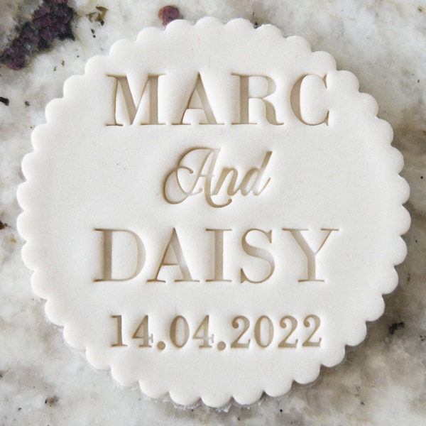 Sello de galleta personalizado con nombre y fecha para boda (compatible con M&S), fondant personalizado, decoración de tartas, glaseado, cupcakes, plantilla de arcilla