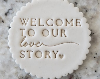 Welkom bij ons liefdesverhaal met hart Cookie Biscuit stempel Fondant taart versieren Icing Cupcakes stencil bruiloft