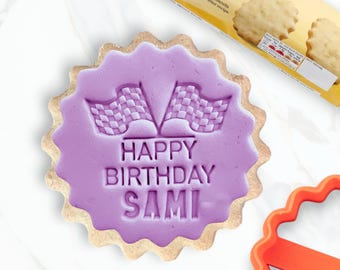 Personalised Name Happy Birthday Racing Flags Custom Cookie Biscuit Stamp to make Toppers from Fondant to fit M&S Size All Butter Biscuits