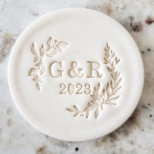 CUSTOM Wedding Initials, Year With Leaf Detail Cookie Biscuit Stamp Fondant Cake Decorating Icing Cupcakes Stencil Clay