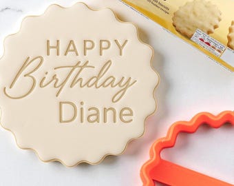 Personalised Name Happy Birthday Custom Cookie Biscuit Stamp to make Toppers from Fondant to fit M&S Size All Butter Biscuits 5cm