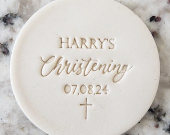CUSTOM Christening with Name, Date And Cross Cookie Biscuit Stamp Fondant Cake Decorating Icing Cupcakes Stencil Clay