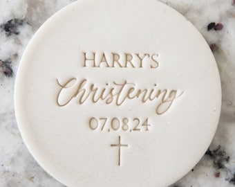CUSTOM Christening with Name, Date And Cross Cookie Biscuit Stamp (Fits M&S) Personalised Fondant Cake Decorating Icing Cupcakes Stencil