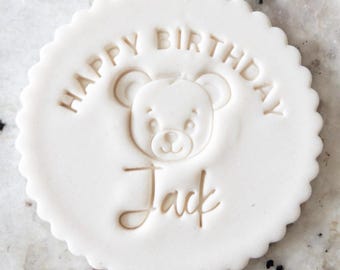 CUSTOM Happy Birthday Bear With Name Cookie Biscuit Stamp Fondant Cake Decorating Icing Cupcakes Stencil Clay Birthday