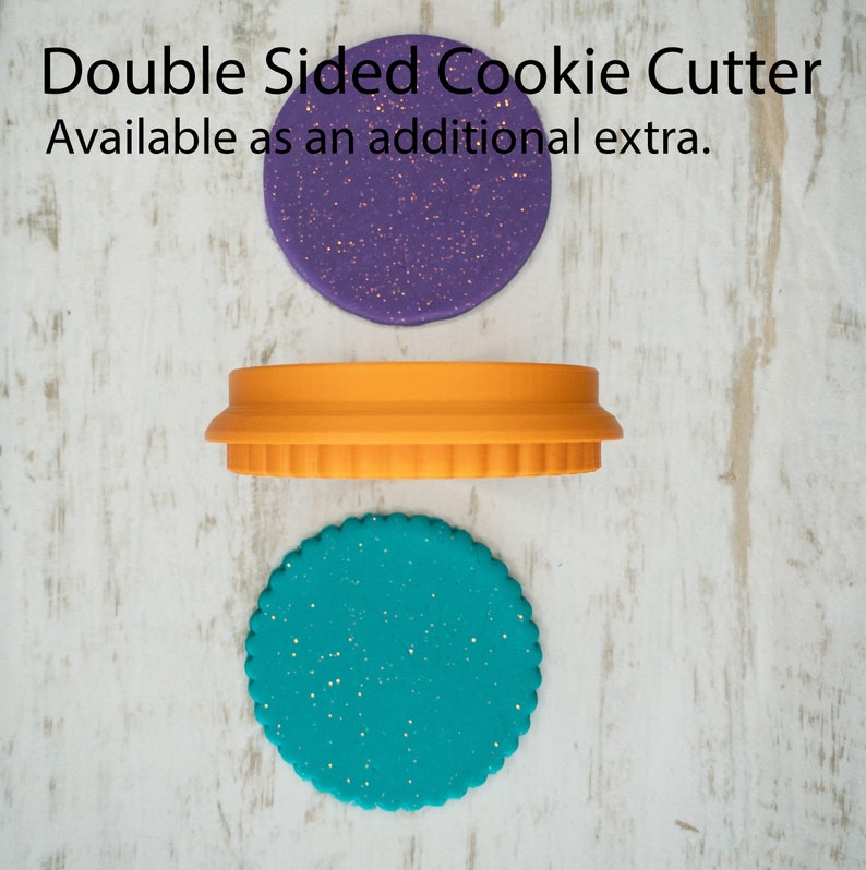 May include: Double-sided cookie cutter with a purple and teal design. The cutter is available as an additional extra.