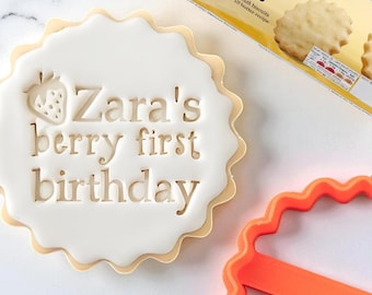 Personalised Name Berry First Birthday Custom Cookie Biscuit Stamp to make Toppers from Fondant to fit M&S Size All Butter Biscuits