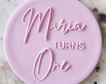 CUSTOM Name Turns One Date Biscuit Cookie POPup Embosser Stamp Fondant Cake Decorating Icing Stencil