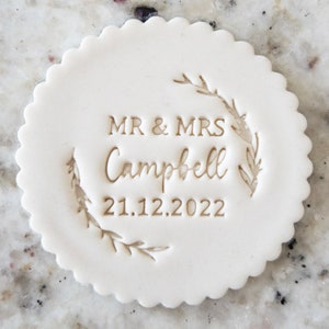 CUSTOM Mr and Mrs Name and Date Floral Wreath Cookie Biscuit Stamp Fondant Cake Decorating Icing Cupcakes Stencil Clay image 1