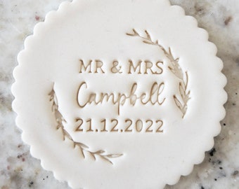 CUSTOM Mr and Mrs Name and Date Floral Wreath Cookie Biscuit Stamp Fondant Cake Decorating Icing Cupcakes Stencil Clay