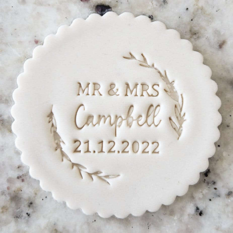 CUSTOM Mr and Mrs Name and Date Floral Wreath Cookie Biscuit Stamp (Fits M&S) Personalised Fondant Cake Decorating Icing Cupcakes Stencil