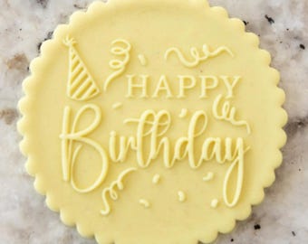 Happy Birthday With Party Hat POPup Embosser Cookie Biscuit Stamp Fondant Cake Decorating Icing Cupcakes Stencil
