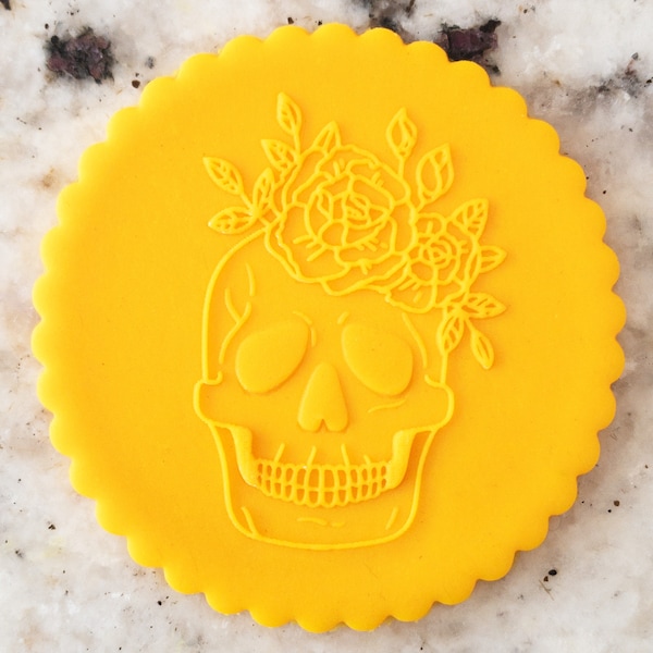 Floral Skull 2 POPup Embosser Cookie Biscuit Stamp Fondant Cake Decorating Icing Cupcakes Stencil Halloween