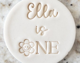 CUSTOM Name is One with Daisy Flower Face Cookie Biscuit Stamp Fondant Cake Decorating Icing Cupcakes Stencil Clay