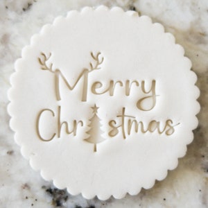 Merry Christmas with Antler and Tree Cookie Biscuit Stamp Fondant Cake Decorating Icing Cupcakes Stencil Christmas