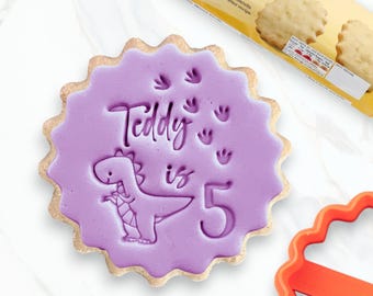 Personalised Name and Age Dinosaur Birthday Custom Cookie Biscuit Stamp to make Toppers from Fondant to fit M&S Size All Butter Biscuits