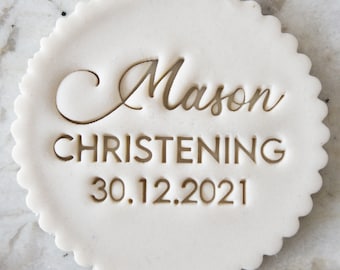 CUSTOM Christening Name and Date Cookie Biscuit Stamp Fondant Cake Decorating Icing Cupcakes Stencil