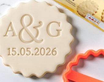 Personalised Wedding Initials and Date Custom Cookie Biscuit Stamp to make Toppers from Fondant to fit M&S Size All Butter Biscuits