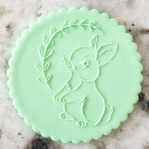 May include: A light green cookie with a white outline of a bunny rabbit and a wreath of leaves around it.