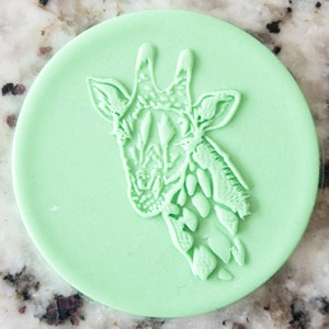 Peut inclure: Un moule en silicone rond de couleur vert clair avec un motif en relief de tête de girafe.