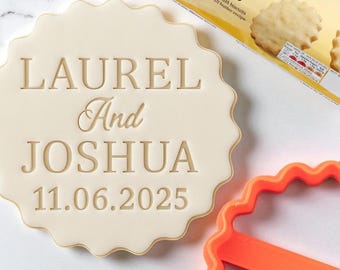 Personalised Wedding Names and Date 2 Custom Cookie Biscuit Stamp to make Toppers from Fondant to fit M&S Size All Butter Biscuits