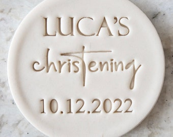 CUSTOM Christening with Name and Date Cookie Biscuit Stamp Fondant Cake Decorating Icing Cupcakes Stencil Clay